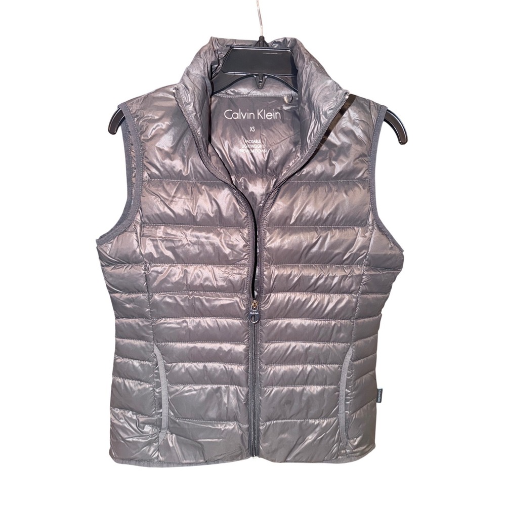 Calvin Klein Womens XS Packable Lightweight Premium Down Puffer Vest Gray Solid